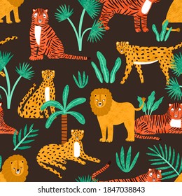 Seamless pattern with scandinavian childish african wild animals. Backdrop with funny lion, tiger, leopard and tropical plants. Cute savannah cats. Flat vector cartoon illustration on black background