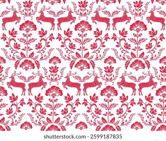 Seamless Pattern of Scandinavian Christmas Deer and flowers, Nordic Red Reindeer-Christmas Vector design