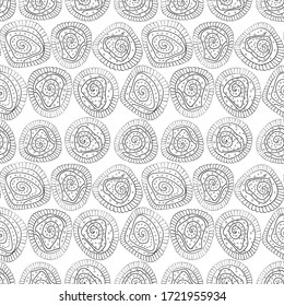 Seamless pattern with Scandinavian cinnamon rolls. B&W vector illustration.