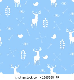 Seamless pattern with Scandinavian deers, birds and arrows on a light blue background