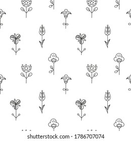 Seamless pattern of Scandinavian flowers. Fantasy flowers create a beautiful ornament for fabric, Wallpaper and wrapping paper.Vector illustration.
