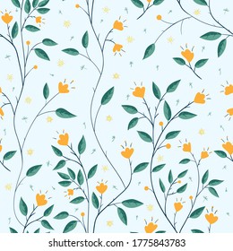Nahtloses Muster mit skandinavischen Blumen und Blättern im Doodle-Stil einzeln auf weißem Hintergrund. Handgezeichnete Vintage-Blumenelemente. Vektorgrafik