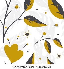 Seamless pattern with scandinavian flowers and leaves in doodle style. Hand drawn vintage floral elements. Vector flat illustration