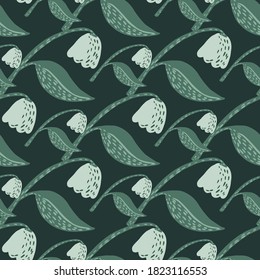 Seamless pattern with scandinavian flowers silhouettes. Stylized floral green and light elements on dark background. Designed for fabric design, textile print, wrapping, cover. Vector illustration.