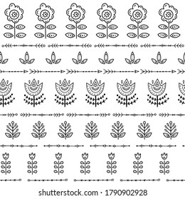 Seamless pattern in Scandinavian folk style. Flowers, arrows and other decorative elements in the form of children's drawings for backgrounds, fabrics, wrapping paper.