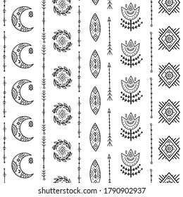 Seamless pattern in Scandinavian folk style. Flowers, arrows, moon and other decorative elements in the form of children's drawings for backgrounds, fabrics, wrapping paper.