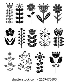 Seamless pattern. Scandinavian folk style, flat style. Flowers, plants, nature. Element for design and illustrations. Black and white.	
