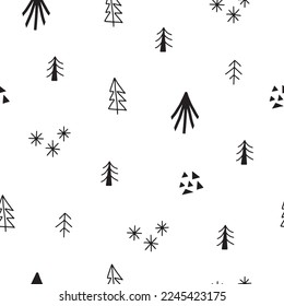Seamless pattern of Scandinavian forest in doodle style. Vector illustration on a white background for decorating textiles, children's room, postcards