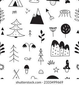 Seamless pattern of scandinavian forest in doodle style. Vector illustration for your design on a white background.