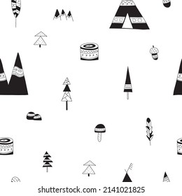 Seamless pattern of Scandinavian forest, hand drawn on a white background. Textile wrapping paper decor, vector print wallpaper.