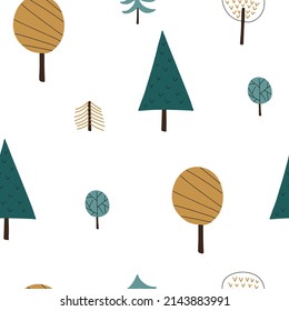 Seamless pattern of scandinavian forest. Hand drawn vector illustration. Design concept for children's textiles, fashion print, wallpaper, packaging.