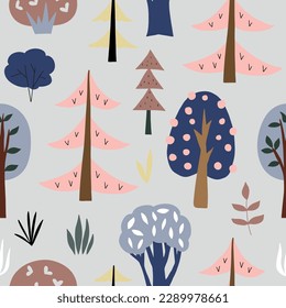 Seamless pattern with Scandinavian forest. Hand drawn vector illustration with trees and Christmas trees isolated on white background for your design.