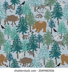 Seamless pattern in the scandinavian forest style. Vector illustration.