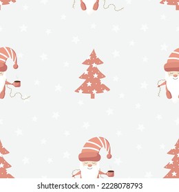 Seamless pattern with scandinavian gnome and new year tree in pink color. Flat style