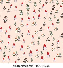 Seamless pattern with Scandinavian gnomes. Beautiful festive design with elves decorations. For wrapping paper, textiles, fabric. Flat cartoon style vector illustration.