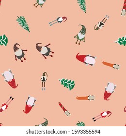 Seamless pattern with Scandinavian gnomes and Christmas trees. Beautiful festive design with elves decorations. For wrapping paper, textiles, fabric. Flat cartoon style vector illustration.
