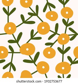 Nahtloses Muster mit skandinavischen grünen und gelben Blumen und Laubhintergrund. Handgezeichnete Stoffe, Geschenkverpackung, Wandkunst-Designs.