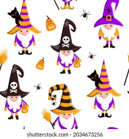 Seamless pattern with scandinavian halloween gnomes in witch hats. Cute holiday background. Vector illustration