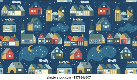 Seamless pattern and scandinavian house by night  Hygge cozy house inspired by scandinavian folk art  Pattern and colorful buildings and snow the dark background  Nordic village in winter 