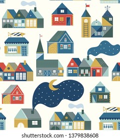 Seamless pattern with scandinavian house in pastel colors. Hygge cozy house inspired by scandinavian folk art. Pattern with colorful buildings on light background. Illustration with nordic village.