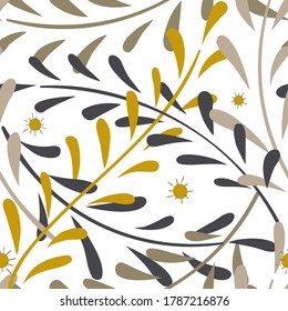 Patrón sin foco con hojas escandinavas al estilo doodle aisladas en fondo blanco. Elementos florales vintage dibujados a mano. Ilustración plana del vector