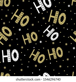 Seamless pattern of scandinavian lettering hohoho. Silver letter and snow on black background. Abstract wallpaper and wrapping decoration. Symbol of winter, Merry Christmas holiday, Happy New Year.