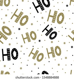 Seamless pattern of scandinavian lettering hohoho. Gold black letter and snowflake on white background. Abstract wallpaper and wrapping decoration. Symbol of Merry Christmas holiday, Happy New Year.