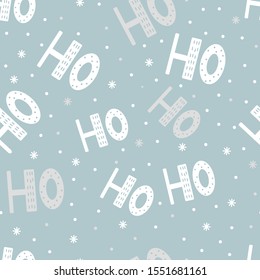 Seamless pattern of scandinavian lettering hohoho. White letter and snow on blue background. Abstract wallpaper and wrapping decoration. Symbol of winter, Merry Christmas holiday, Happy New Year.