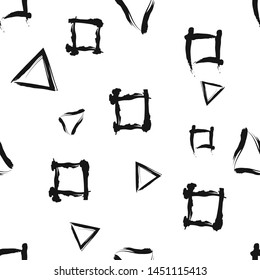 Seamless pattern in the Scandinavian minimalist style вlack and white sketch Ink strokes, squares and triangles. Vector illustration isolated on white background.