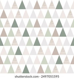Seamless pattern in Scandinavian motifs in muted natural shades of beige, gray, olive tones. Triangular shapes. Wood texture.