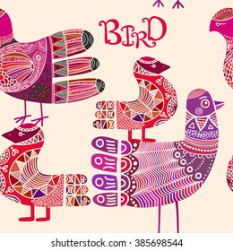 seamless pattern with scandinavian ornate boho style bird isolated on white background