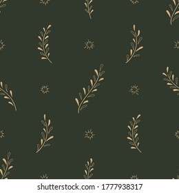 Seamless pattern with scandinavian plants in doodle style isolated on white background. Hand drawn vintage floral elements. Vector flat illustration