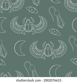 Nahtloses Muster im skandinavischen Stil, Aulet, Amulet in Form eines Diamanten, Steinamulet, Mond, Auge aus dem bösen Auge, Käfer mit Flügeln, zum Bedrucken von Textilien, Verpackungspapier