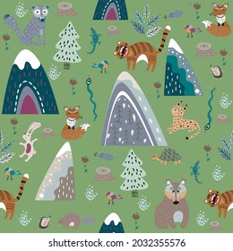 Seamless pattern in the scandinavian style animals in the forest. Vector illustration.