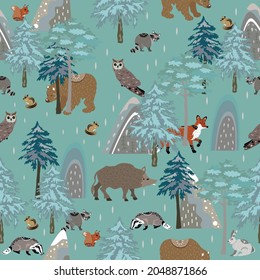 Seamless pattern in scandinavian style animals mountains trees. Vector illustration.