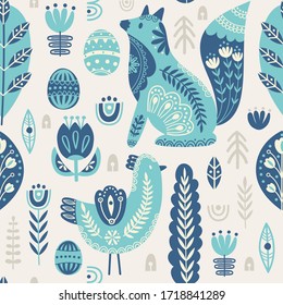 Seamless pattern in scandinavian style with bird and fox, tree, flowers, leaves, branches. Folk art. Vector nordic background with floral ornaments and animal illustrations. Home decorations.