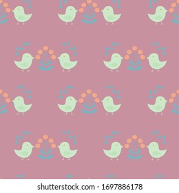 Patrón sin inconvenientes en estilo escandinavo con aves, flores y hojas sobre fondo rosa rosa rosa rosa, ilustración vectorial
