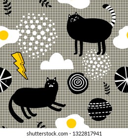 Seamless pattern in scandinavian style with black cats and white clouds. Vector illustration of domestic animals outdoor.