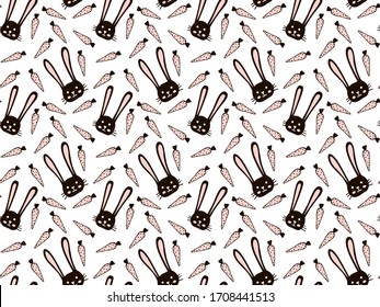 Seamless pattern in the Scandinavian style of black heads of a hare with rosy cheeks and pink carrots on a white background. Vector.