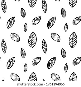  Seamless pattern in Scandinavian style. Pattern of black leaves on a white background. The pattern is Minimalistic and modern design for fabric, paper, printing. Botanical vector illustration