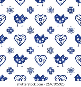 Patrón sin foco en estilo escandinavo con pájaros azules y corazones. Ilustración vectorial aislada en fondo blanco.