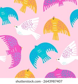 Seamless pattern with scandinavian style bold colorful birds. Creative cartoon bird texture. Great for fabric, textile Vector Illustration
