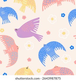 Seamless pattern with scandinavian style bold colorful birds. Creative cartoon bird texture. Great for fabric, textile Vector pastel background Illustration