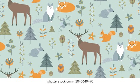 Seamless pattern in scandinavian style. Cartoon nordic animals and plants. Vector illustartion for your design.