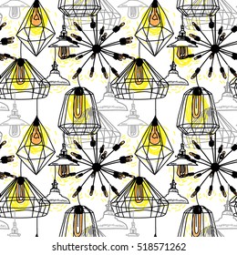 Seamless pattern in Scandinavian style. Ceiling lamps and lamp. Home comfort. Electricity.