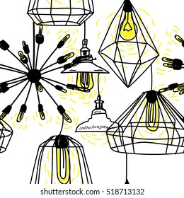 
Seamless pattern in Scandinavian style. Ceiling lamps and lamp. Home comfort. Electricity.