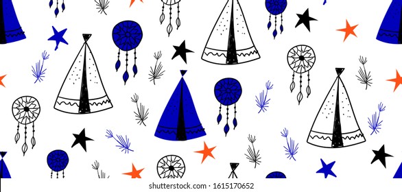 Seamless pattern in Scandinavian style for children .. Cute cartoon trees and tents on a blue background. Wigwam for the Indians. Drawings for boys.