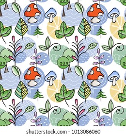 Seamless pattern in scandinavian style with cute tree and leaves. Forest vector illustration