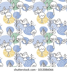 Seamless pattern in scandinavian style with cute tree and leaves. Forest vector illustration