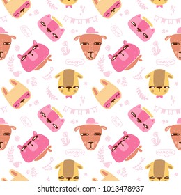 Seamless pattern in Scandinavian style with cute animals. Vector colorful texture with cartoon bunny, bear and dog.